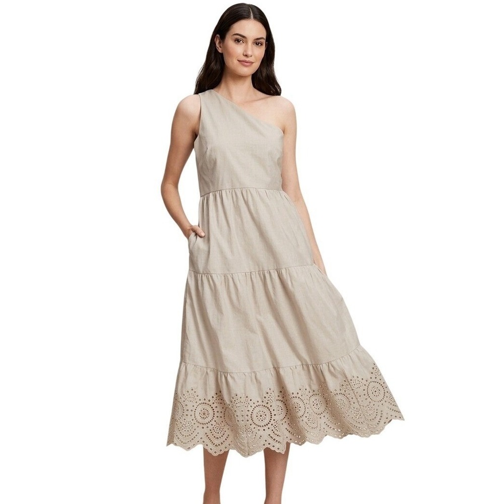 Gap Beige One Shoulder Eyelet Tiered Midi Dress Cotton‎ Size 2 Petite Neutral
